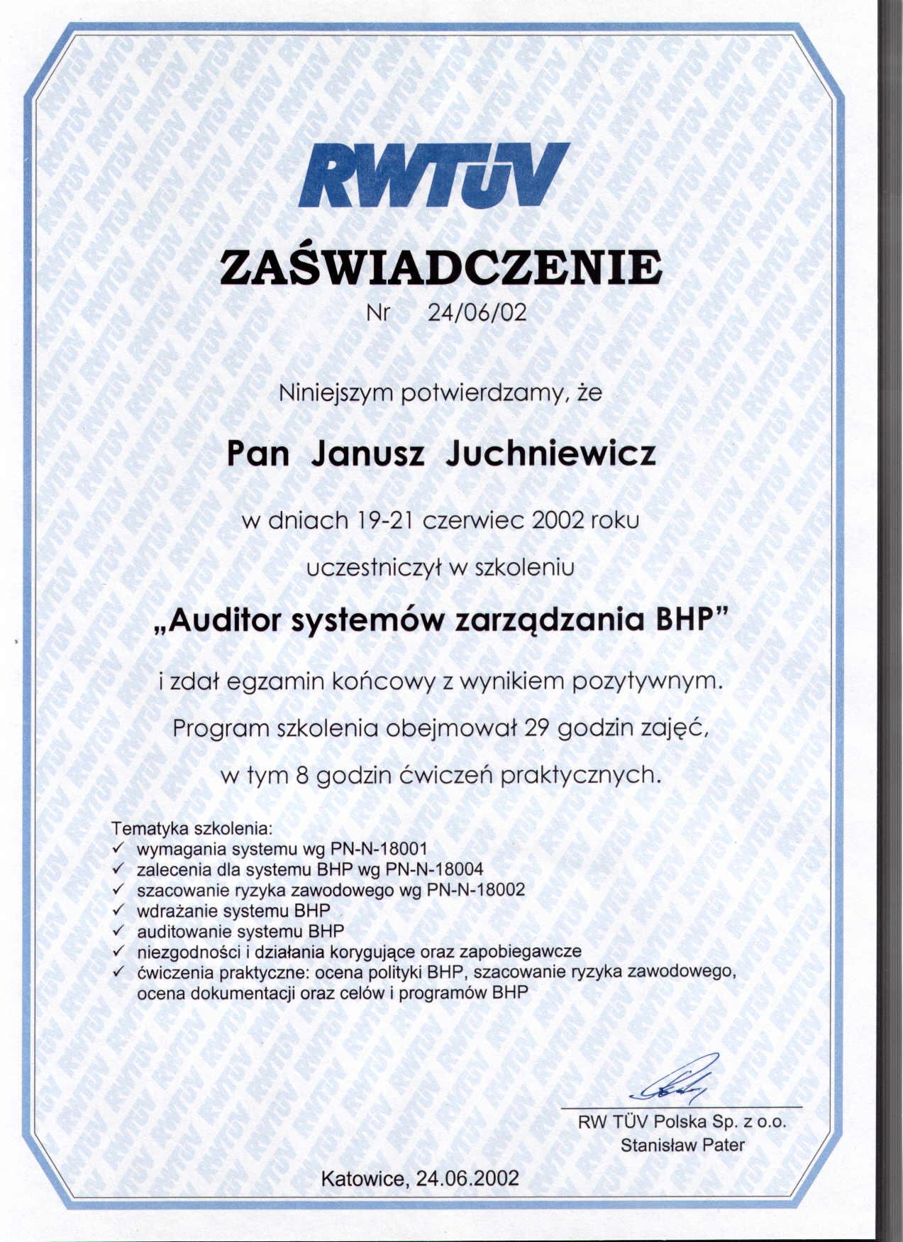 Certyfikat szkolenia auditora BHP