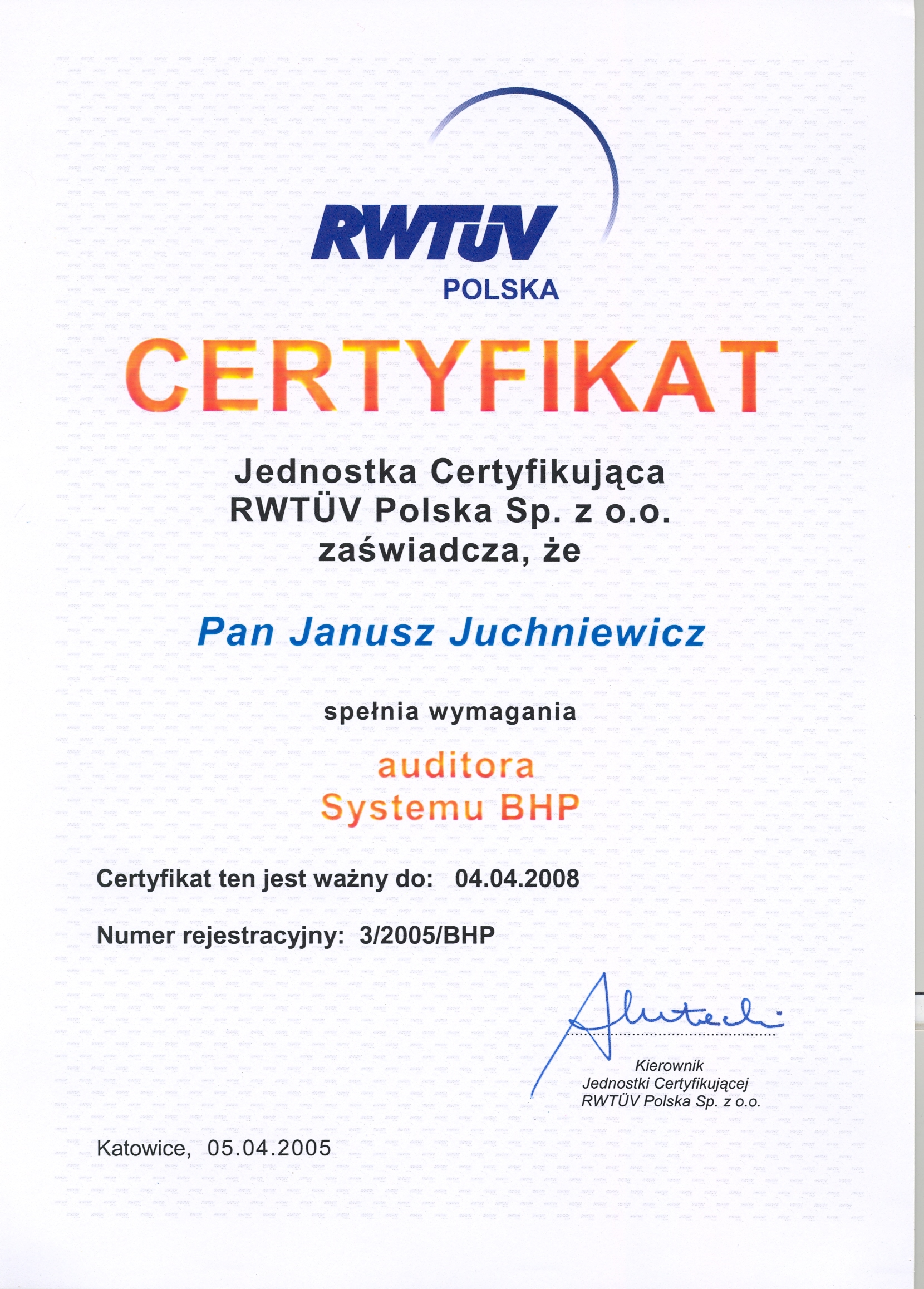 Certifikat auditora systemu zarządzania bezpieczeństwem i higieną pracy wg normy PN-N-18001