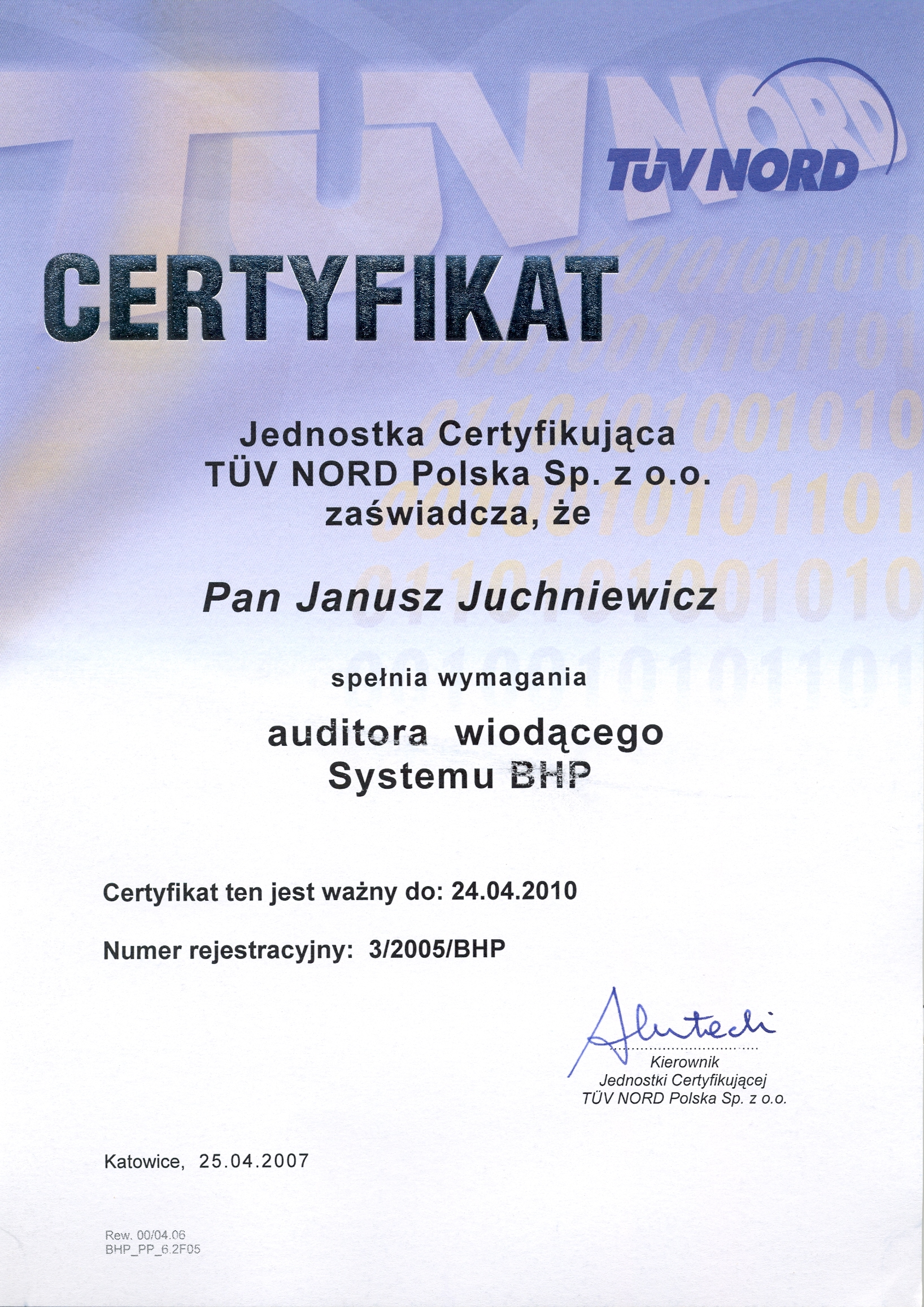 Certifikat auditora systemu zarządzania bezpieczeństwem i higieną pracy wg normy PN-N-18001_2010
