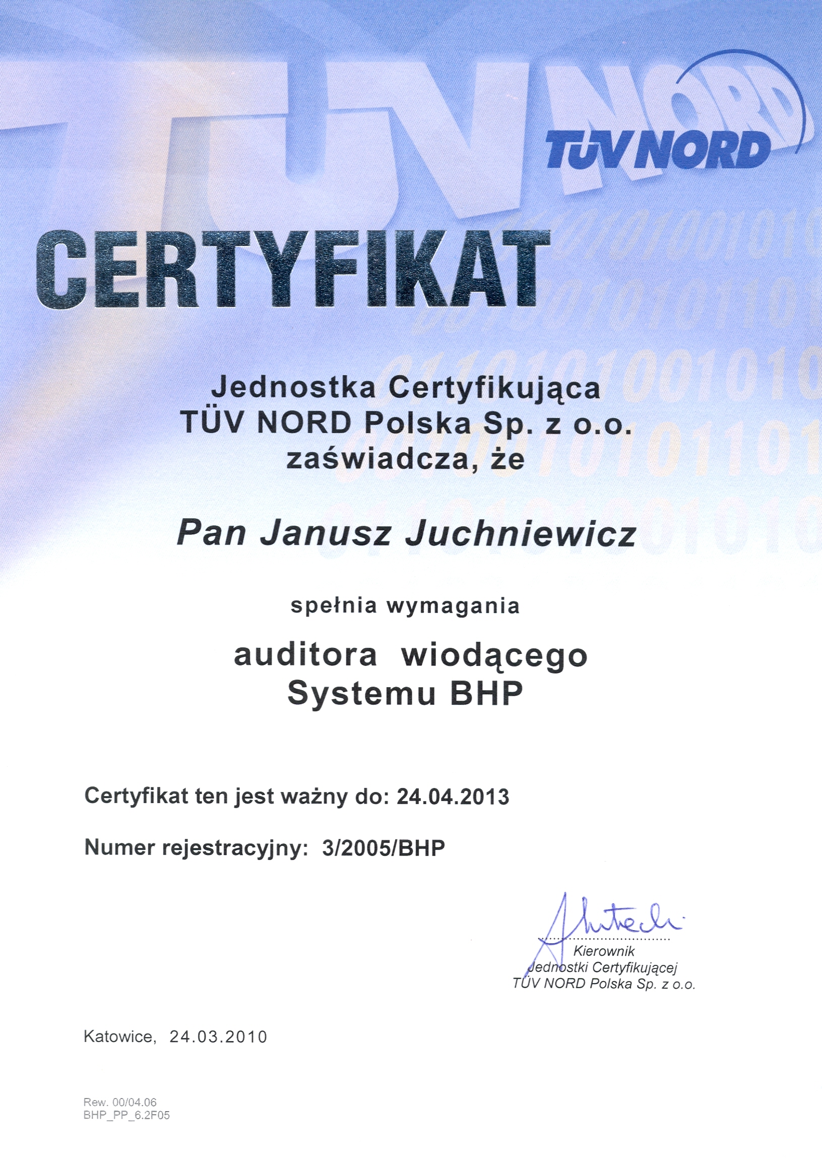 Certifikat auditora systemu zarządzania bezpieczeństwem i higieną pracy wg normy PN-N-18001_2013