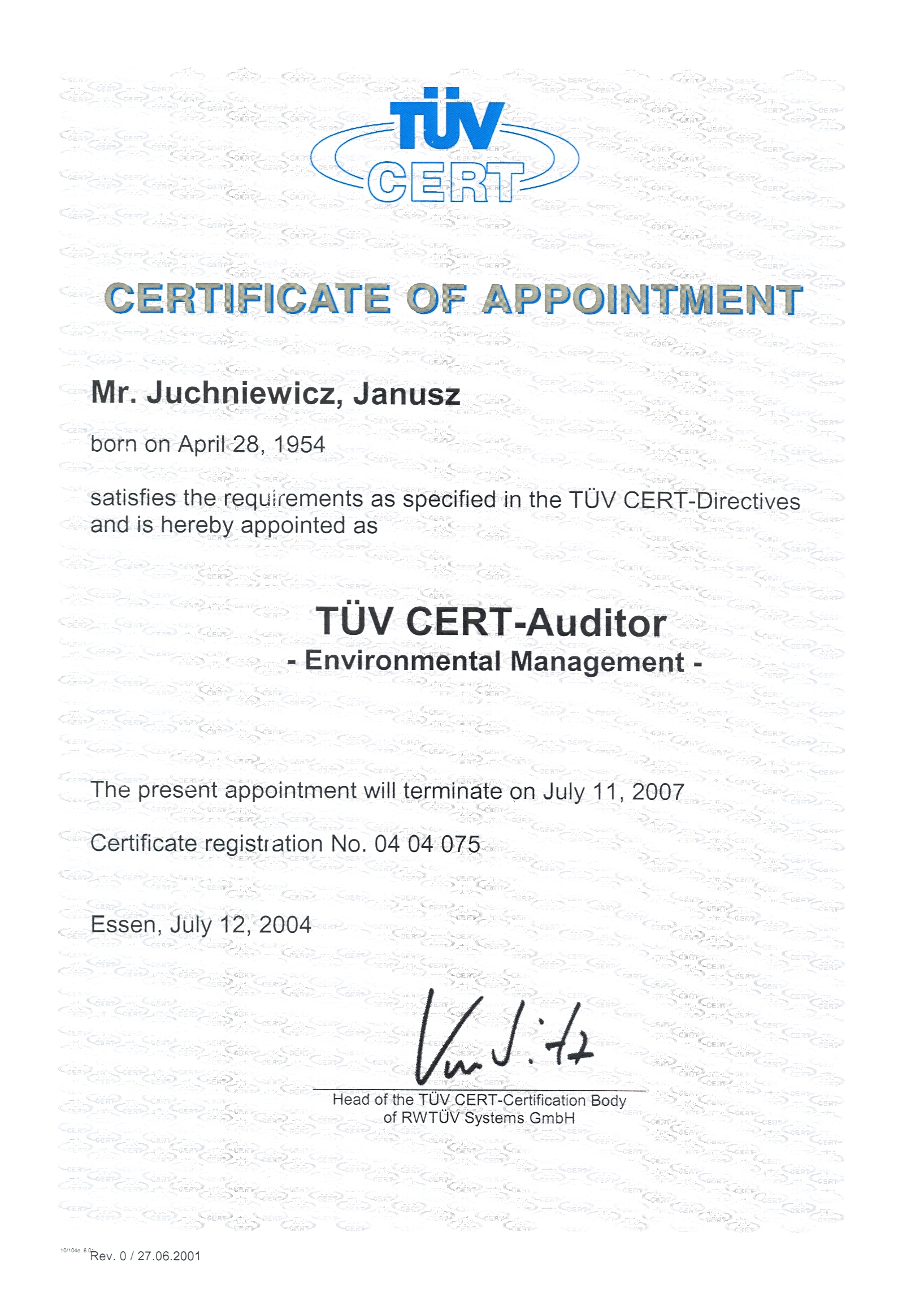 Certyfikat auditora EMS 2004