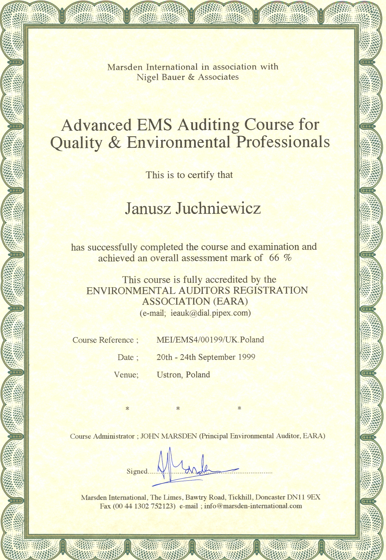 Certyfikat szkolenia auditora EMS