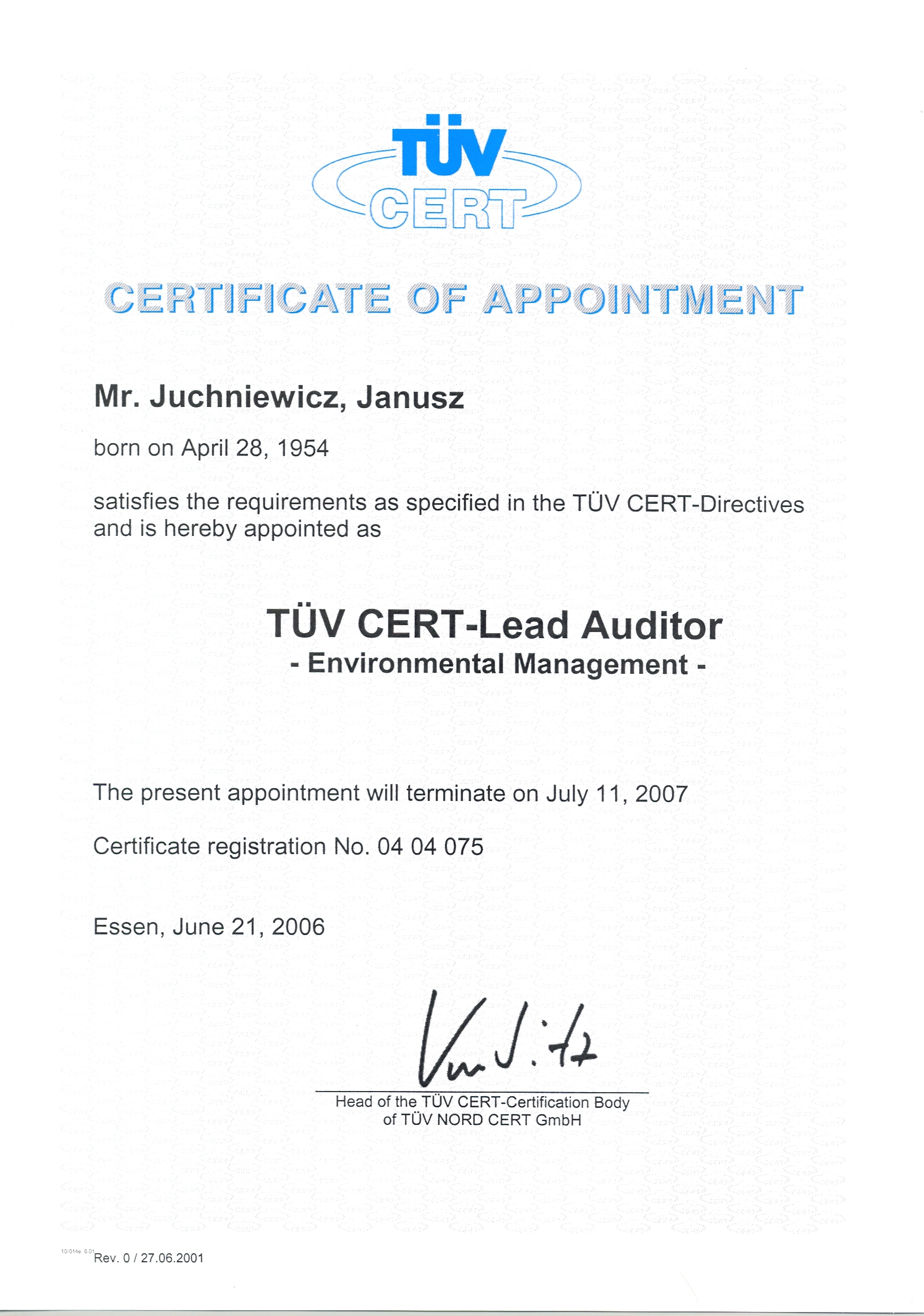 Certyfikat auditora wiodącego w zakresie normy ISO 14001:2004