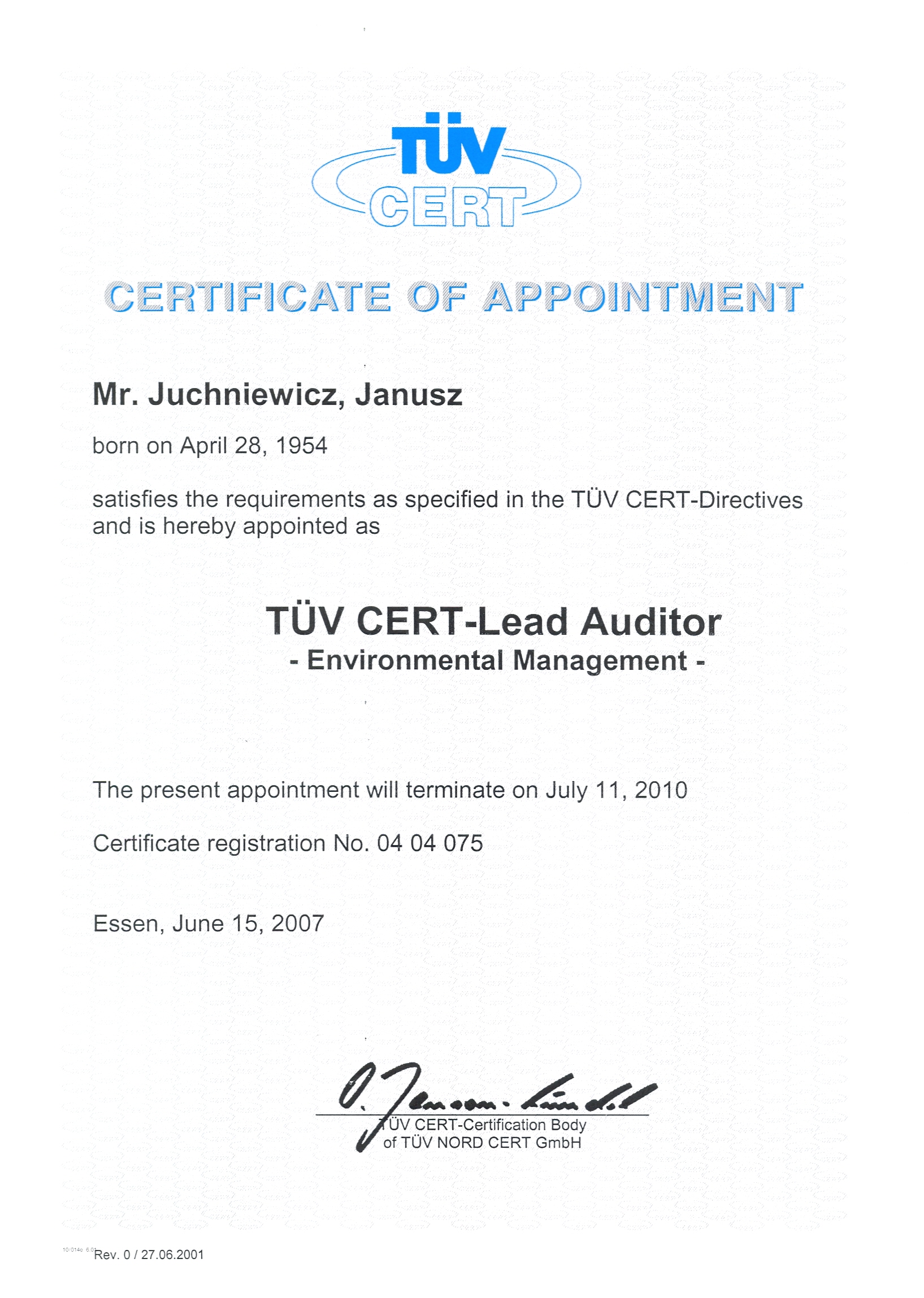 Certyfikat auditora wiodącego w zakresie normy ISO 14001:2004