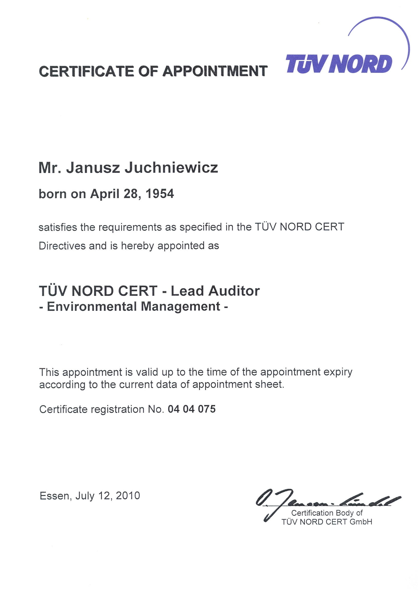Certyfikat auditora wiodącego w zakresie normy ISO 14001:2004_2010