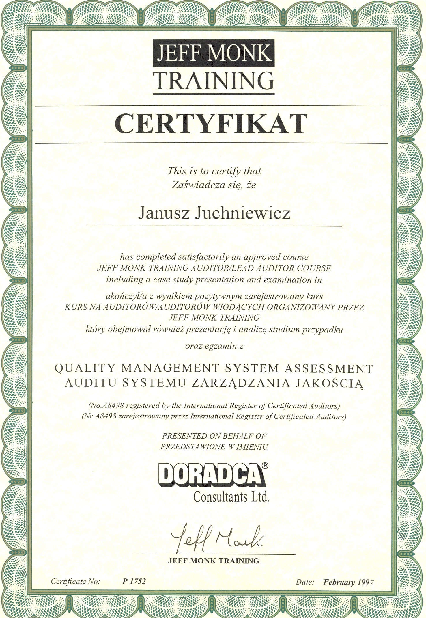 Certyfikat szkolenia auditorów