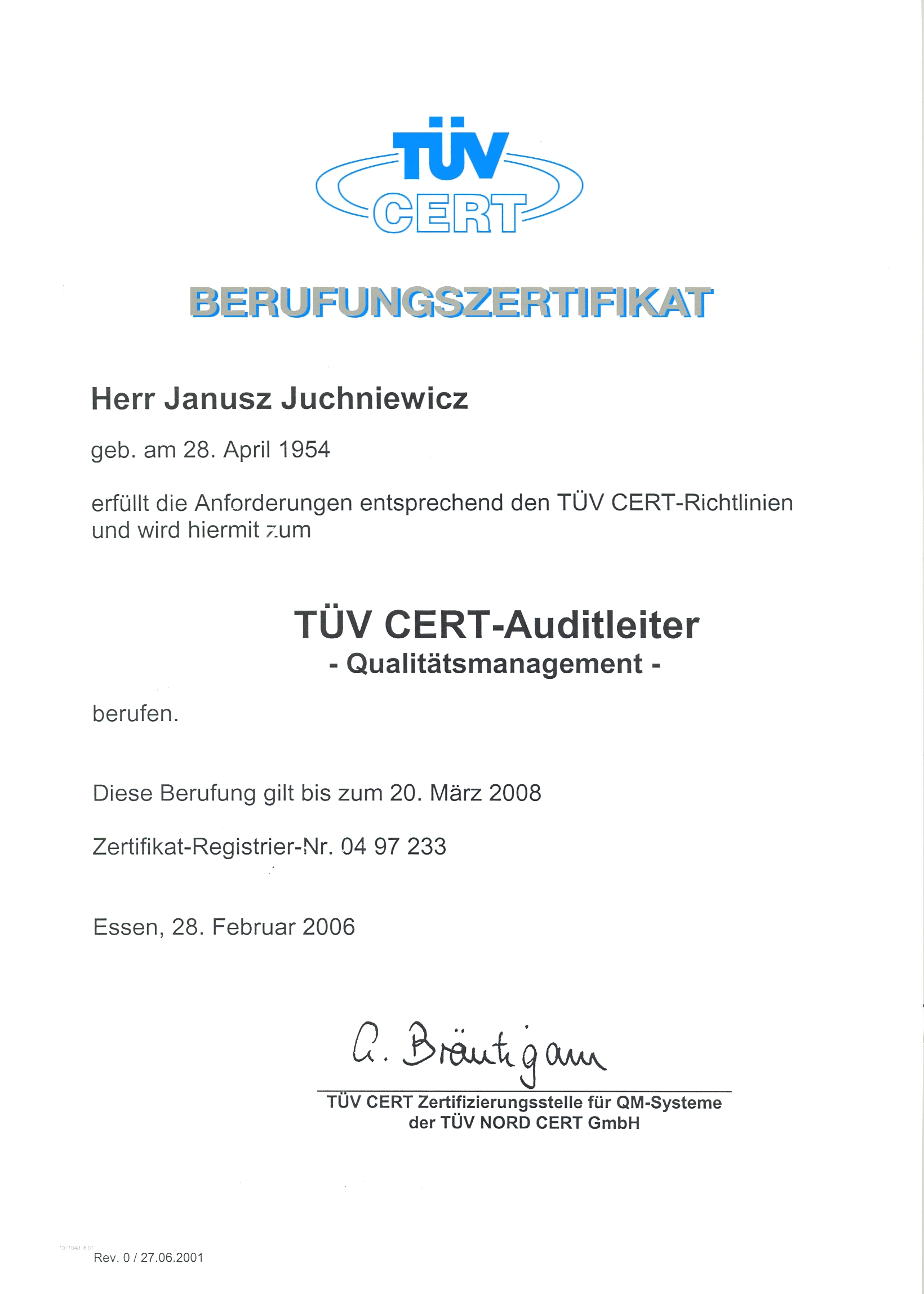 Certyfikat auditora wiodącego ISO 9001