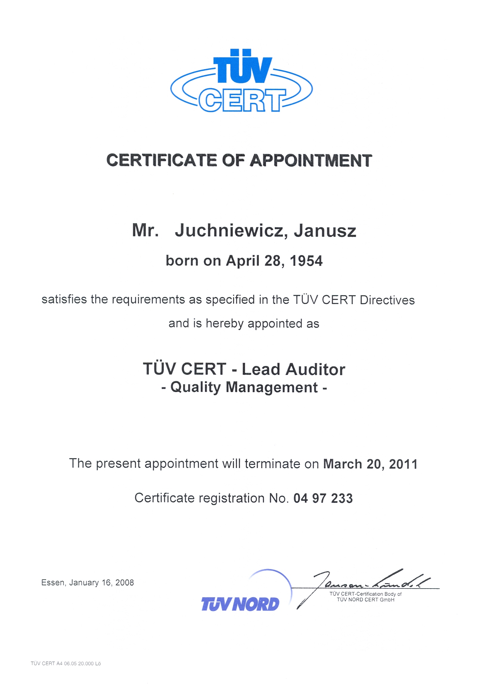 Certyfikat auditora wiodącego ISO 9001_2008