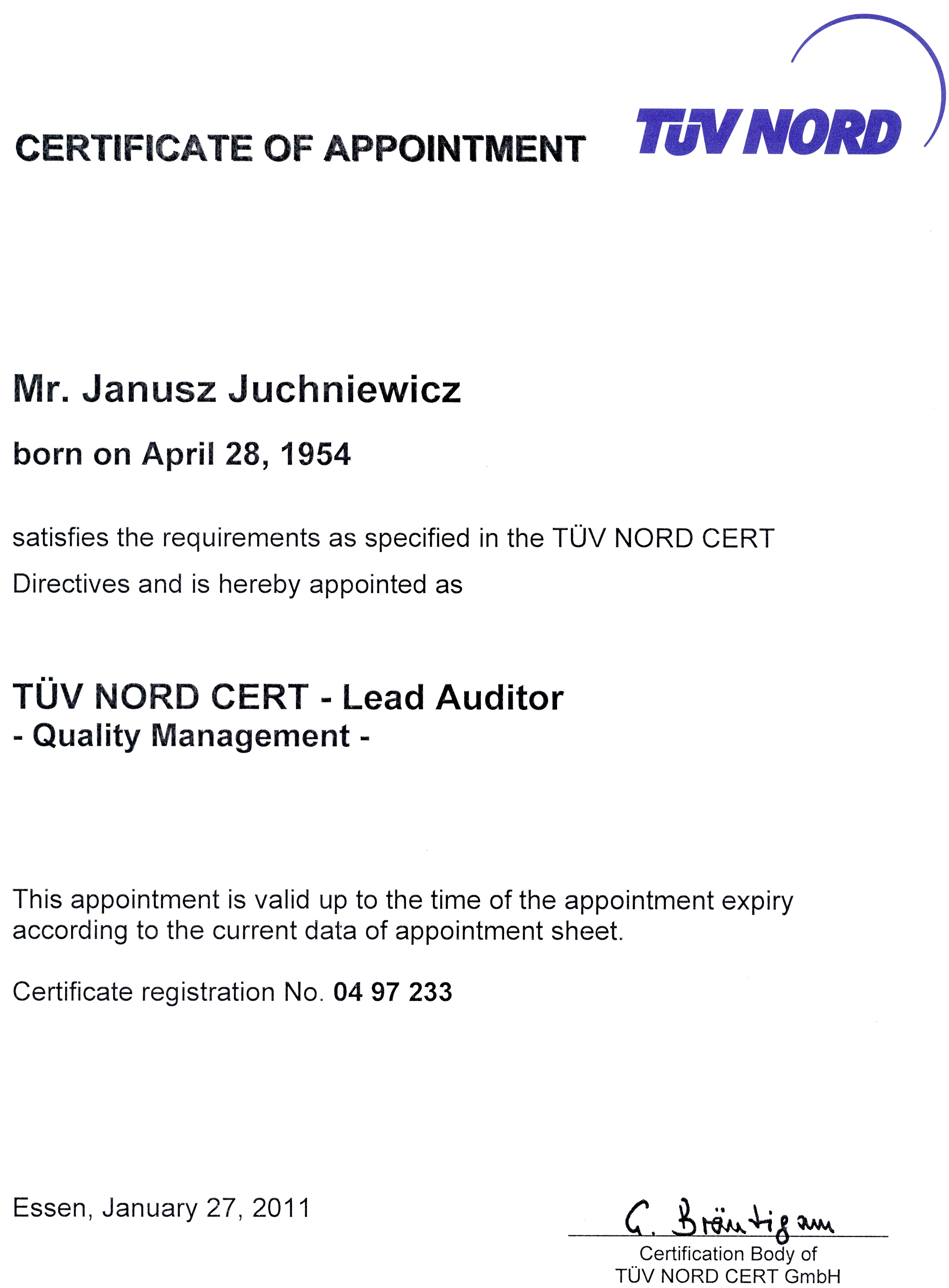 Certyfikat auditora wiodącego ISO 9001_2011